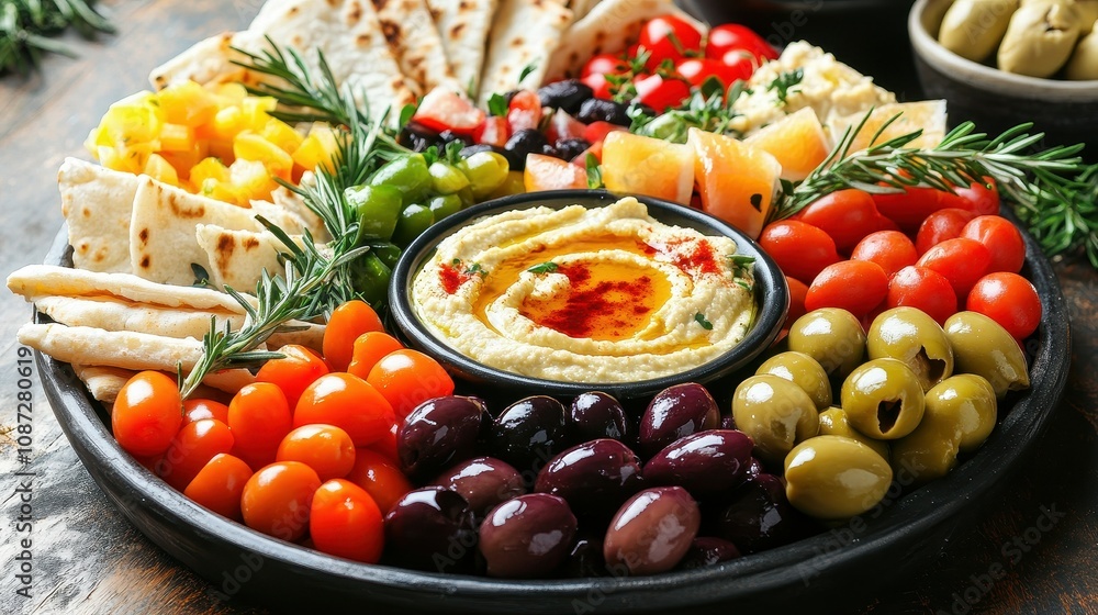 Colorful Mediterranean Mezze Platter Featuring Hummus, Olives, Cherry Tomatoes, Pita Bread, and Fresh Vegetables on a Rustic Wooden Table Setting Colorful Mediterranean Mezze Platter Featuring Hummus, Olives, Cherry Tomatoes, Pita Bread, and Fresh Vegetables on a Rustic Wooden Table Setting