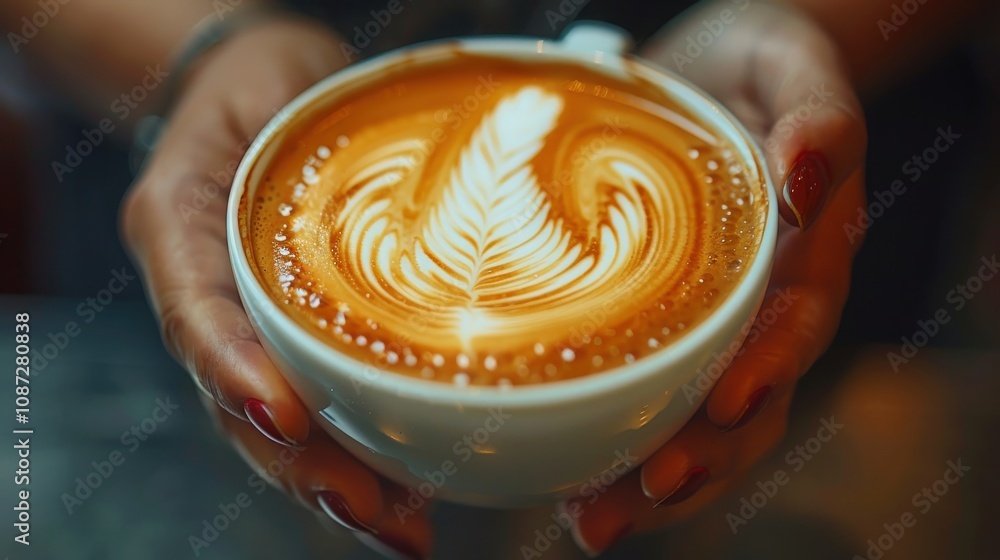 Close-up shot of a beautifully crafted latte with intricate leaf-shaped latte art design. Hands gently holding the cup, highlighting the warmth and skill involved in coffee preparation. Close-up shot of a beautifully crafted latte with intricate leaf-shaped latte art design. Hands gently holding the cup, highlighting the warmth and skill involved in coffee preparation.