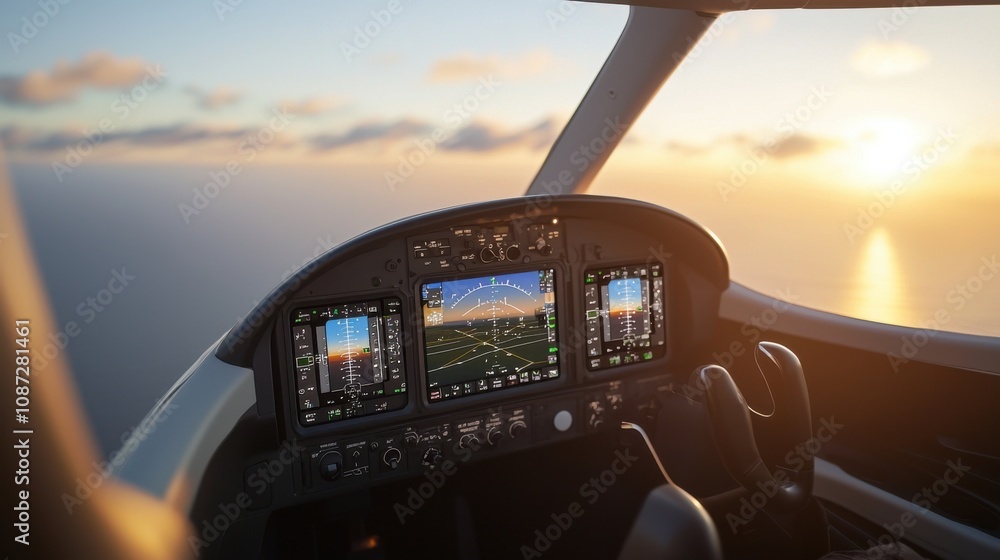 Illuminated Cockpit View at Sunset During Flight Illuminated Cockpit View at Sunset During Flight