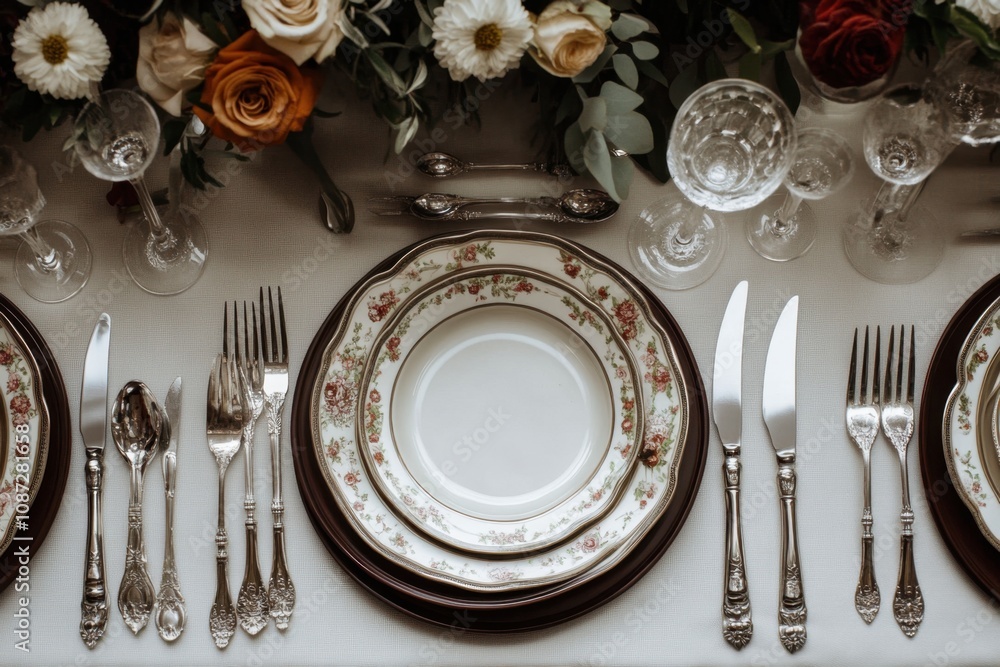 Plates and spoons on the dinner table Plates and spoons on the dinner table