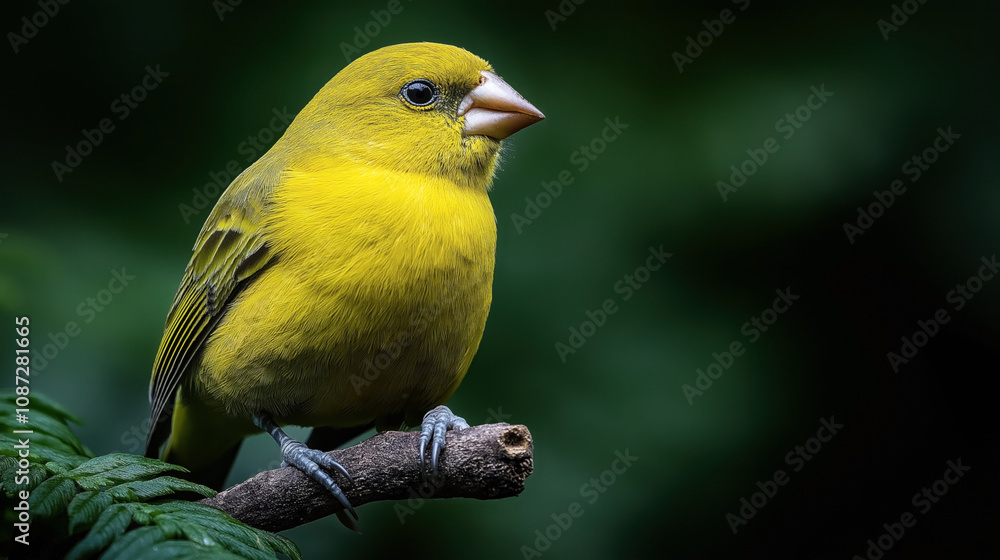Close-up of a vibrant yellow bird perched on a small branch with a blurred green background Close-up of a vibrant yellow bird perched on a small branch with a blurred green background