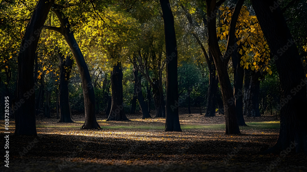 Fototapeta premium Sunlit autumn woodland scene, showcasing tall trees with golden leaves, dappled sunlight filtering through the canopy onto a carpet of fallen leaves.