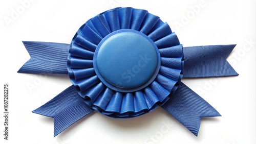 A blue ribbon rosette with a blank center for text or an image, representing achievement and recognition photo