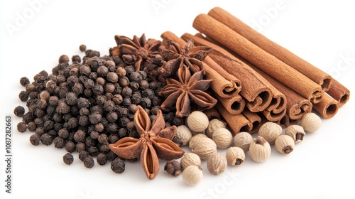 Wallpaper Mural A Colorful Display of Whole Spices Featuring Star Anise, Cinnamon Sticks, Black Pepper, and White Peppercorns Captivatingly Arranged for Culinary Inspiration Torontodigital.ca