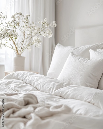A serene bedroom scene featuring white bedding and decorative flowers, creating a clean and tranquil atmosphere.