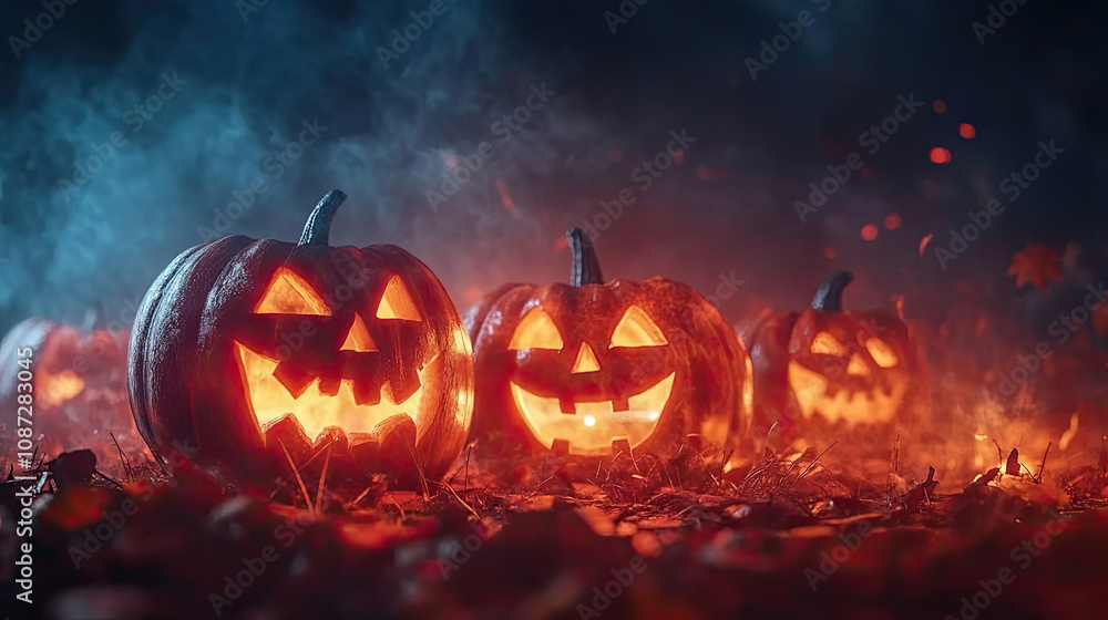 Glowing Jack-o'-Lanterns in a Smoky Halloween Setting Glowing Jack-o'-Lanterns in a Smoky Halloween Setting
