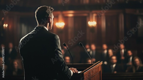A politician delivering an eloquent speech to a captivated audience, using powerful language to inspire change