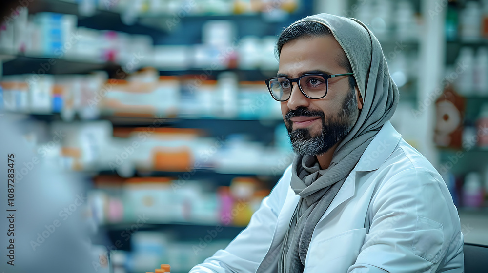 Pharmacist in a white coat smiles warmly in a pharmacy, providing healthcare advice with a friendly demeanor. Pharmacist in a white coat smiles warmly in a pharmacy, providing healthcare advice with a friendly demeanor.