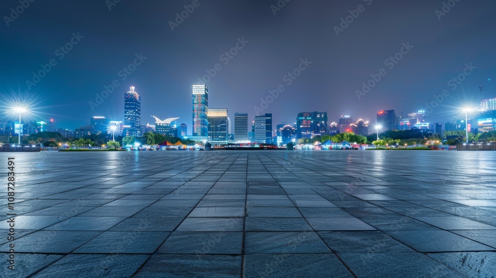 Empty square floor with city skyline background, City skyline in perpetual motion, dynamic cityscape captured in continuous movement Empty square floor with city skyline background, City skyline in perpetual motion, dynamic cityscape captured in continuous movement