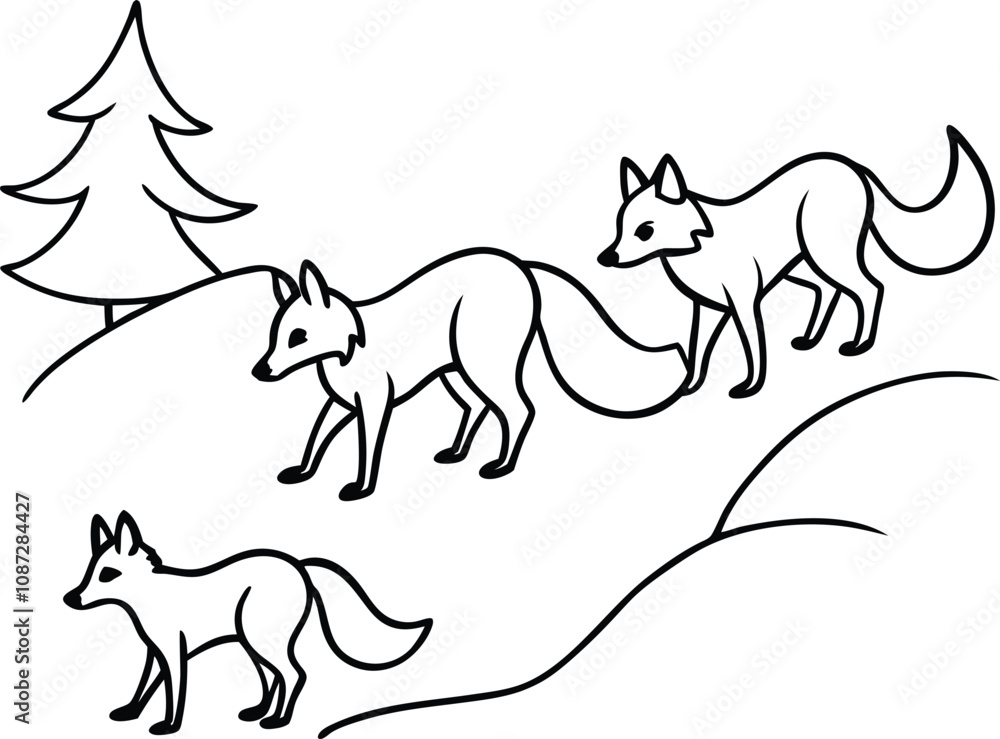 Naklejka premium Three Foxes in a Snowy Winter Forest Landscape Illustration