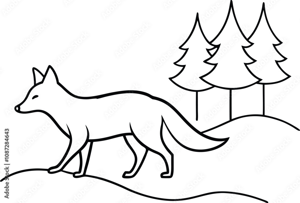 A simple line drawing of a fox walking in a snowy landscape with three evergreen trees in the background. Clean lines, minimalist style. A simple line drawing of a fox walking in a snowy landscape with three evergreen trees in the background. Clean lines, minimalist style.