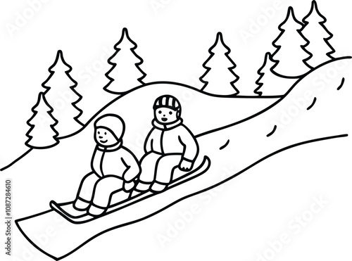 Winter Fun Two Children Sledding Down Snowy Hillside