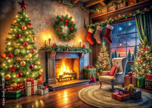 Enchanting Christmas Living Room with Cozy Fireplace and Twinkling Tree Lights