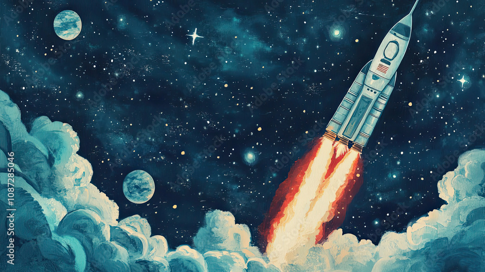Fototapeta premium A rocket launching into space with an American flag on the side