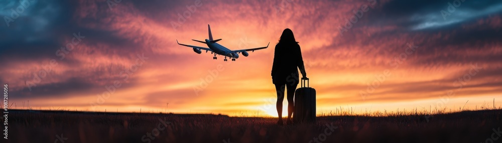 A traveler stands with a suitcase, gazing at an airplane in the sky during a vibrant sunset, symbolizing adventure and wanderlust. A traveler stands with a suitcase, gazing at an airplane in the sky during a vibrant sunset, symbolizing adventure and wanderlust.