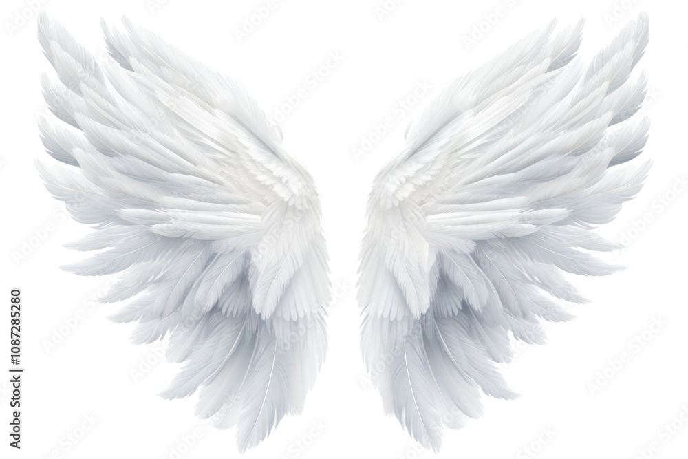 Graceful angel wings with a layered feather design, captured in a realistic style, isolated on white background Graceful angel wings with a layered feather design, captured in a realistic style, isolated on white background