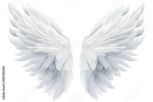 Graceful angel wings with a layered feather design, captured in a realistic style, isolated on white background
