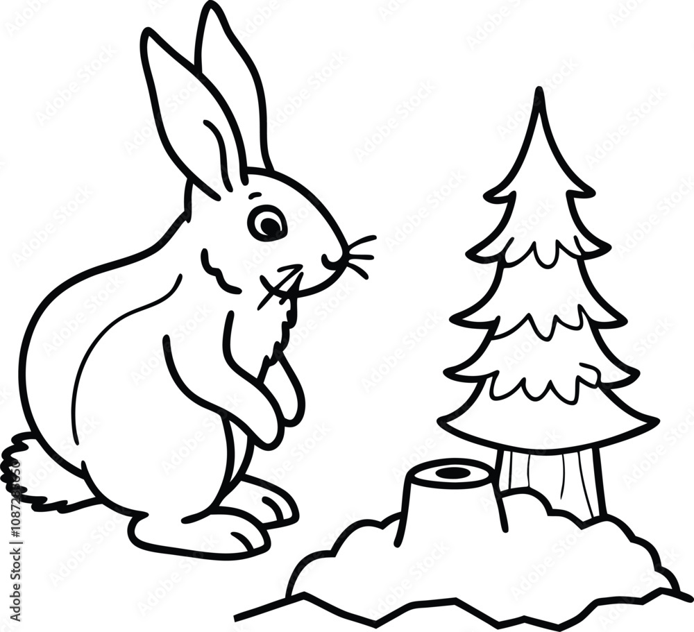 Obraz premium Line drawing of a rabbit and a small, recently cutdown pine tree. Simple, childlike style. The rabbit appears curious.
