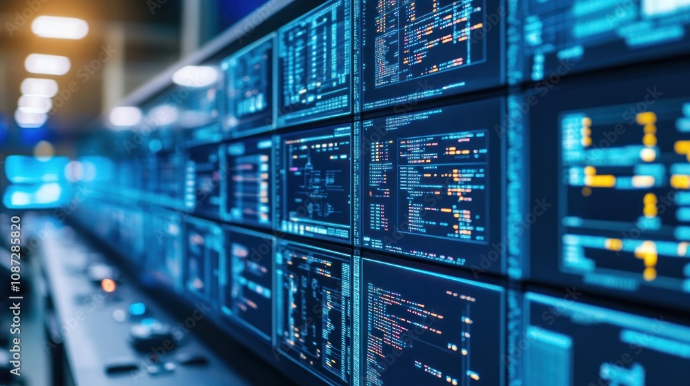 A control room filled with screens displaying data and analytics for monitoring systems. A control room filled with screens displaying data and analytics for monitoring systems.