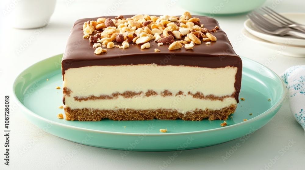A delicious layered dessert featuring creamy filling, chocolate topping, and crunchy nuts on a graham cracker crust. A delicious layered dessert featuring creamy filling, chocolate topping, and crunchy nuts on a graham cracker crust.