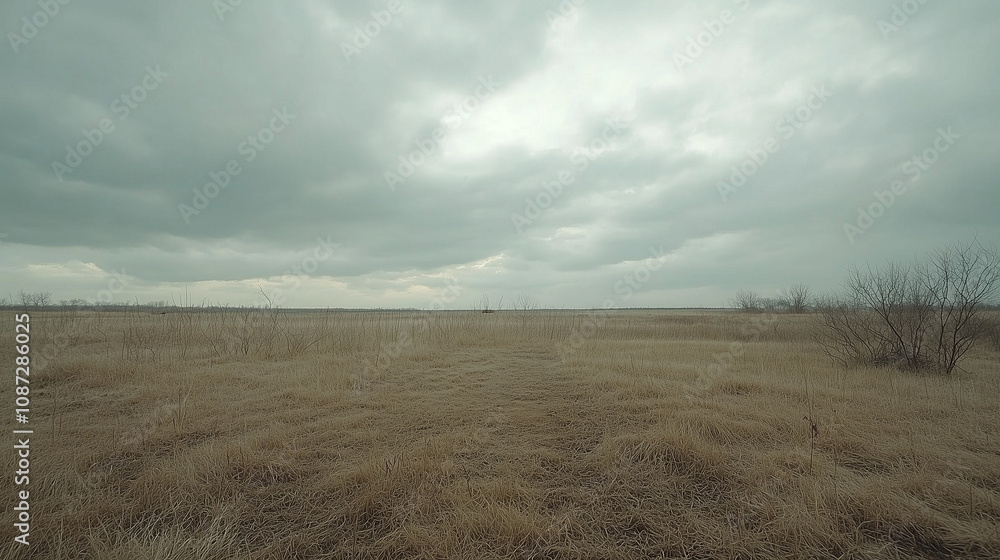 Fototapeta premium Expansive Empty Prairie Landscape with Overcast Skies and Dry Grass Fields under Dramatic Cloud Formations