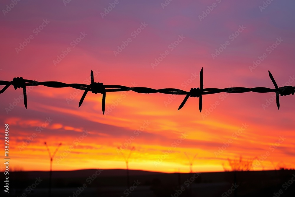 Barbed Wire Fence Silhouetted Against a Vibrant Sunset Sky Barbed Wire Fence Silhouetted Against a Vibrant Sunset Sky