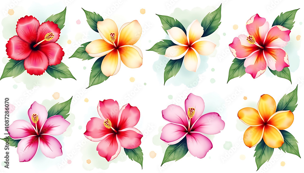Fototapeta premium A collection of watercolor tropical flowers, including hibiscus, plumeria, and orchids, with lush green leaves and splashes of vibrant color.