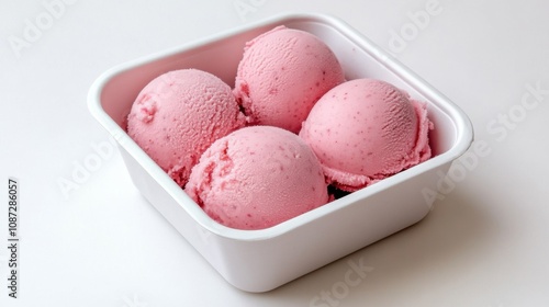 A container holds four pink scoops of ice cream, showcasing a creamy texture and inviting color.