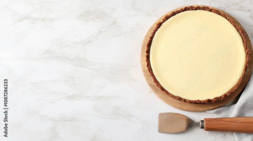 A creamy cheesecake on a wooden board, accompanied by a spatula, set against a marble background, highlighting its smooth texture and simplicity. A creamy cheesecake on a wooden board, accompanied by a spatula, set against a marble background, highlighting its smooth texture and simplicity.