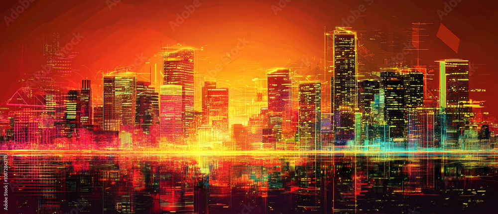 Obraz premium Digital art showcasing a futuristic city at sunset