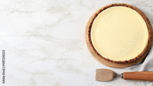 A creamy cheesecake on a wooden board, accompanied by a spatula, set against a marble background, highlighting its smooth texture and simplicity.