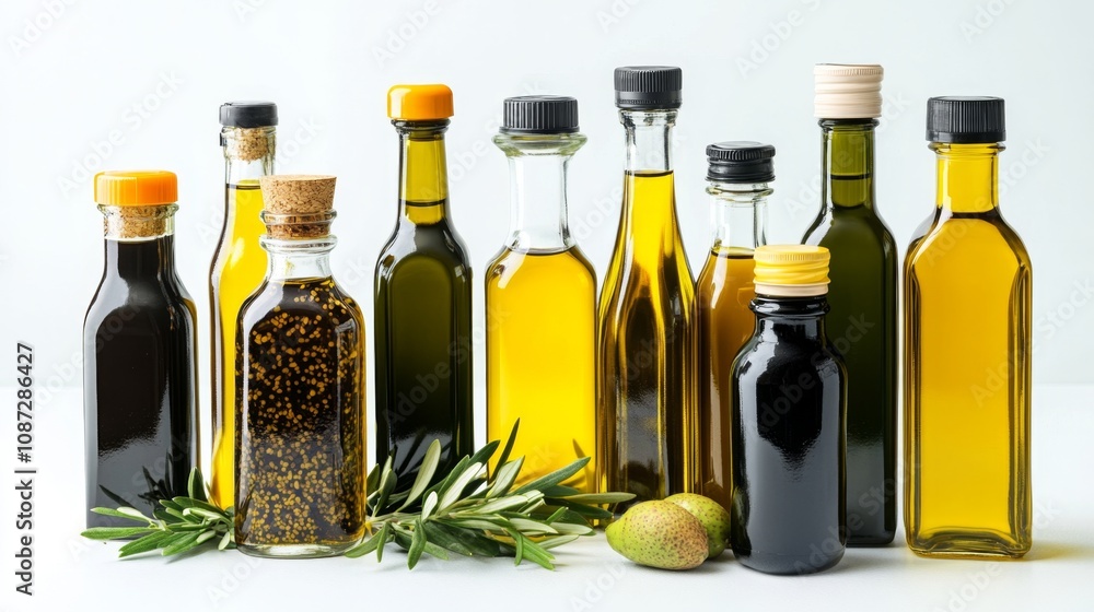 Various Bottles of Oil Displayed with Fresh Ingredients for Culinary Use and Cooking, Showcasing Assorted Shapes, Sizes, and Colors of Bottled Oils Various Bottles of Oil Displayed with Fresh Ingredients for Culinary Use and Cooking, Showcasing Assorted Shapes, Sizes, and Colors of Bottled Oils