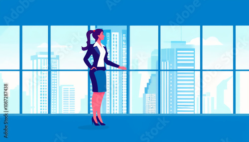 Confident female manager standing in a large modern office near a panoramic window and looking at a big city, illustration in a modern style