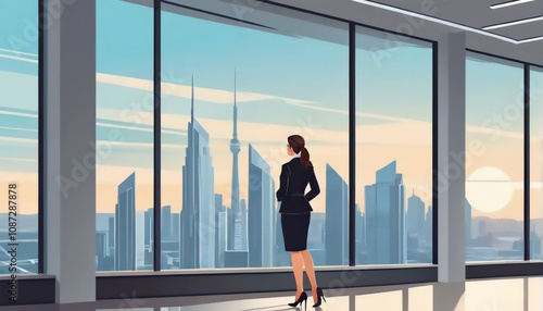 Confident female manager standing in a large modern office near a panoramic window and looking at a big city, illustration in a modern style