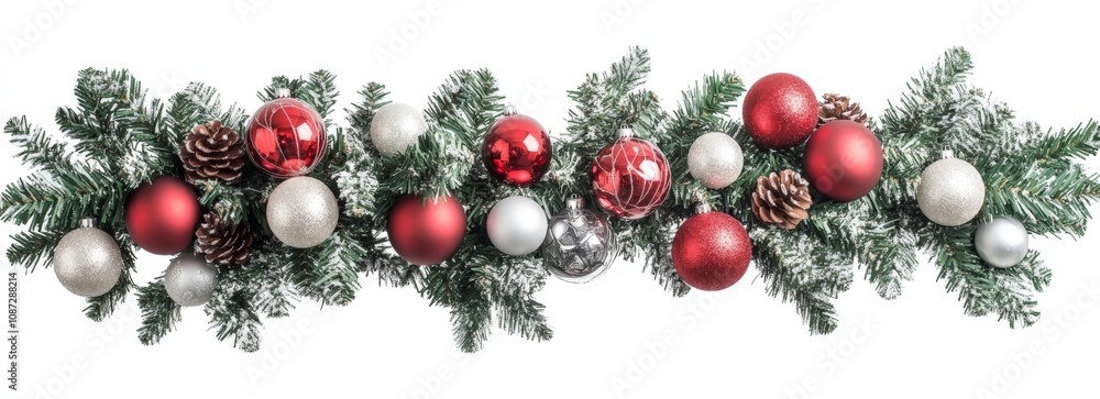 Festive christmas garland with red and silver ornaments on green pine branches Festive christmas garland with red and silver ornaments on green pine branches