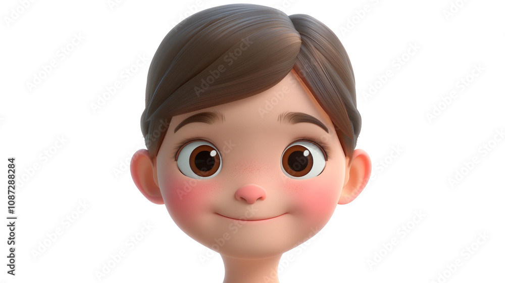 A 3D animated cartoon portrait of a young girl with a shy smile, blushing cheeks, and slightly downcast eyes, conveying a sense of bashfulness and sweetness, set against a white background. A 3D animated cartoon portrait of a young girl with a shy smile, blushing cheeks, and slightly downcast eyes, conveying a sense of bashfulness and sweetness, set against a white background.