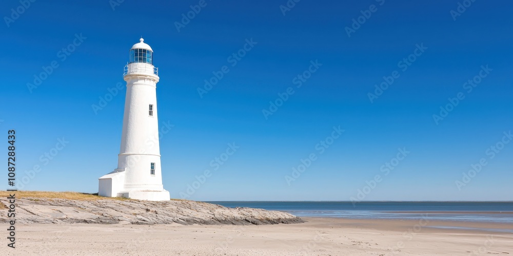 A solitary lighthouse standing tall against a clear blue sky by the serene beach. A solitary lighthouse standing tall against a clear blue sky by the serene beach.