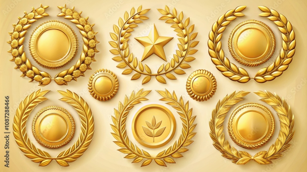 Collection of Golden Laurel Wreaths with Blank Circular Medallions and a Star in the Center Collection of Golden Laurel Wreaths with Blank Circular Medallions and a Star in the Center