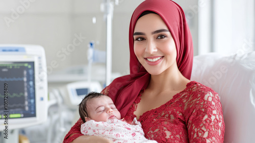 Wallpaper Mural Arabian woman holding her newborn baby in hospital smiling with joy to child Torontodigital.ca