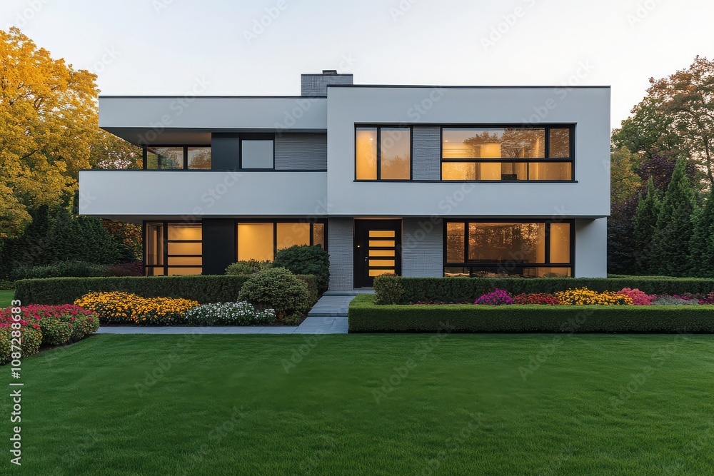 Modern house exterior with large windows and vibrant garden, showcasing contemporary design and landscaping in a serene environment. Modern house exterior with large windows and vibrant garden, showcasing contemporary design and landscaping in a serene environment.
