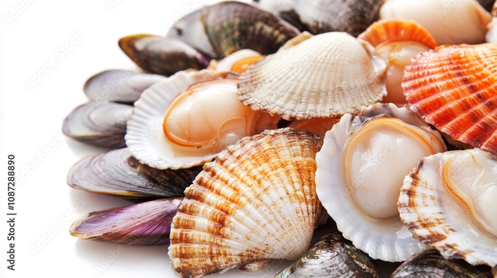 Close-up of Fresh Raw Seafood with Varied Shells, Including Scallops and Mussels Displayed on a White Background for Culinary and Gastronomic Inspiration Close-up of Fresh Raw Seafood with Varied Shells, Including Scallops and Mussels Displayed on a White Background for Culinary and Gastronomic Inspiration