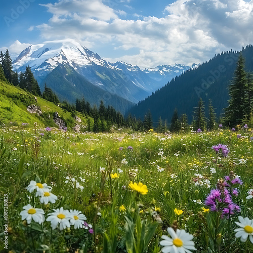 Majestic Mountain Landscape with Colorful Wildflowers Under Bright Blue Sky and Dramatic Cloud Formation in a Serene National Park Setting