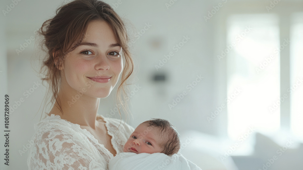 French woman holding her newborn baby in hospital smiling with joy to child French woman holding her newborn baby in hospital smiling with joy to child