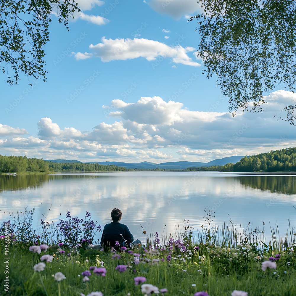 Obraz premium Tranquil Reflection by a Serene Lake Surrounded by Vibrant Wildflowers and Lush Greenery Beneath a Bright Blue Sky with Fluffy White Clouds