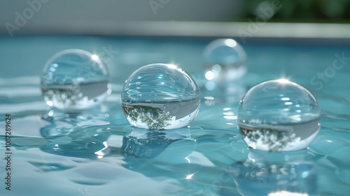 Wallpaper Mural A group of four clear spheres floating on the surface of a body of water. The spheres are reflecting the light from the sun, creating a serene and peaceful atmosphere Torontodigital.ca