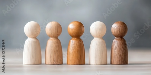 Five wooden figurines of varying colors lined up on a soft gray background.