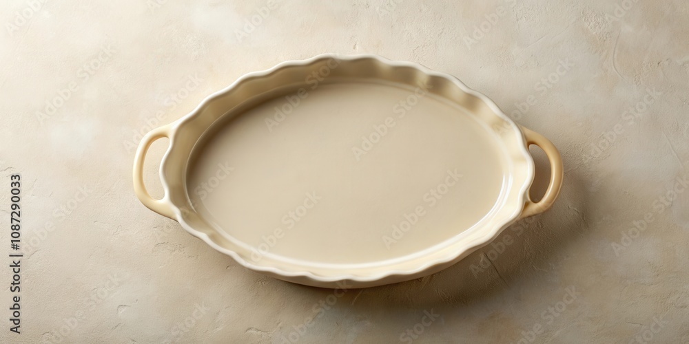 A close-up of a light beige ceramic baking dish with scalloped edges and two handles on a textured light beige surface. A close-up of a light beige ceramic baking dish with scalloped edges and two handles on a textured light beige surface.