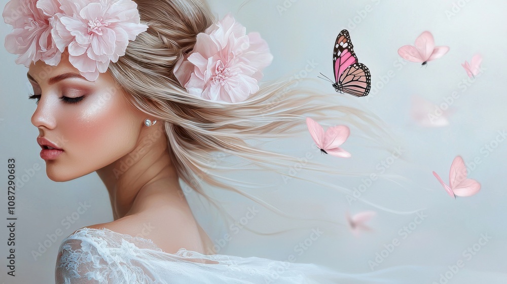 Ethereal Woman in White Dress Surrounded by Butterflies Ethereal Woman in White Dress Surrounded by Butterflies