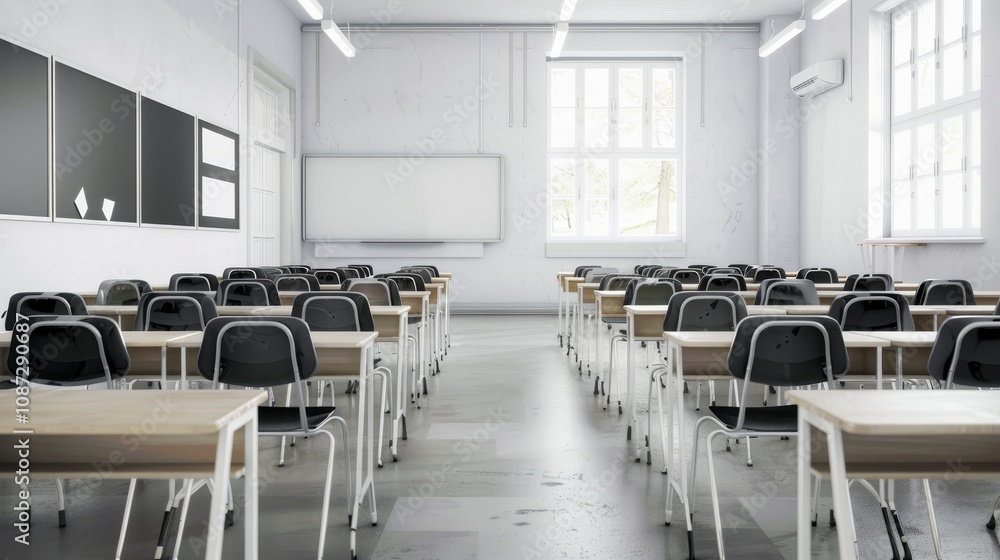 Empty Classroom with Rows of Desks and Chairs Empty Classroom with Rows of Desks and Chairs