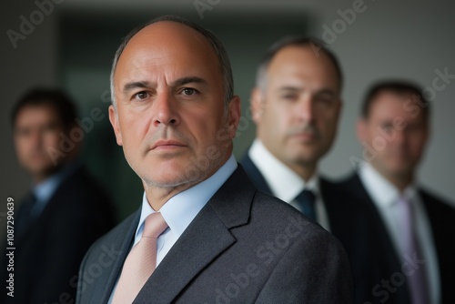 A man with a mustache and a tie stands in front of two other men. The man with the mustache is wearing a suit and tie, and the other two men are also wearing suits and ties